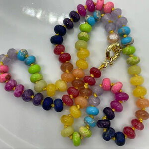 Rainbow Hand Knotted Beaded Necklace 22” Gemstones Silk Gold Plated 925 Silver